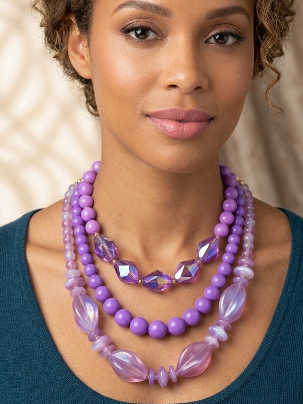 Three Vintage Purple Beaded Multi Necklace Set Purple Iridescent Accent